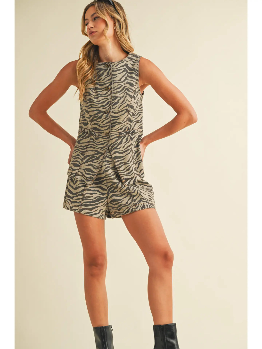 Zebra Print Denim Vest and Shorts Set