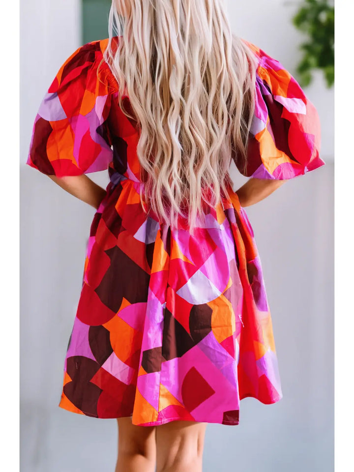 Red Abstract Print Square Neck Puff Sleeve Dress