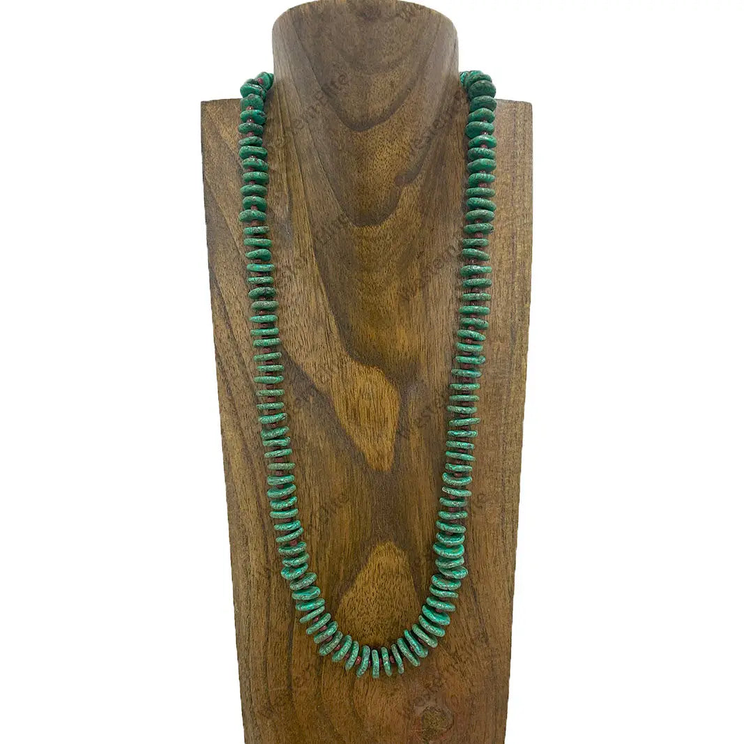GREEN 28 Inches Flat Green Turquoise Stone Chips with Brown Sequin Beads Necklace