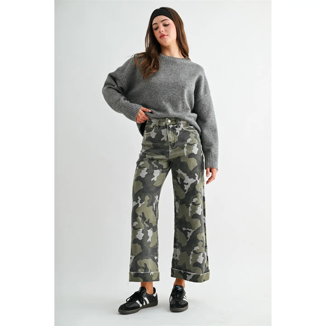 High-Rise Wide Leg Crop Camouflage Cuffed Hem