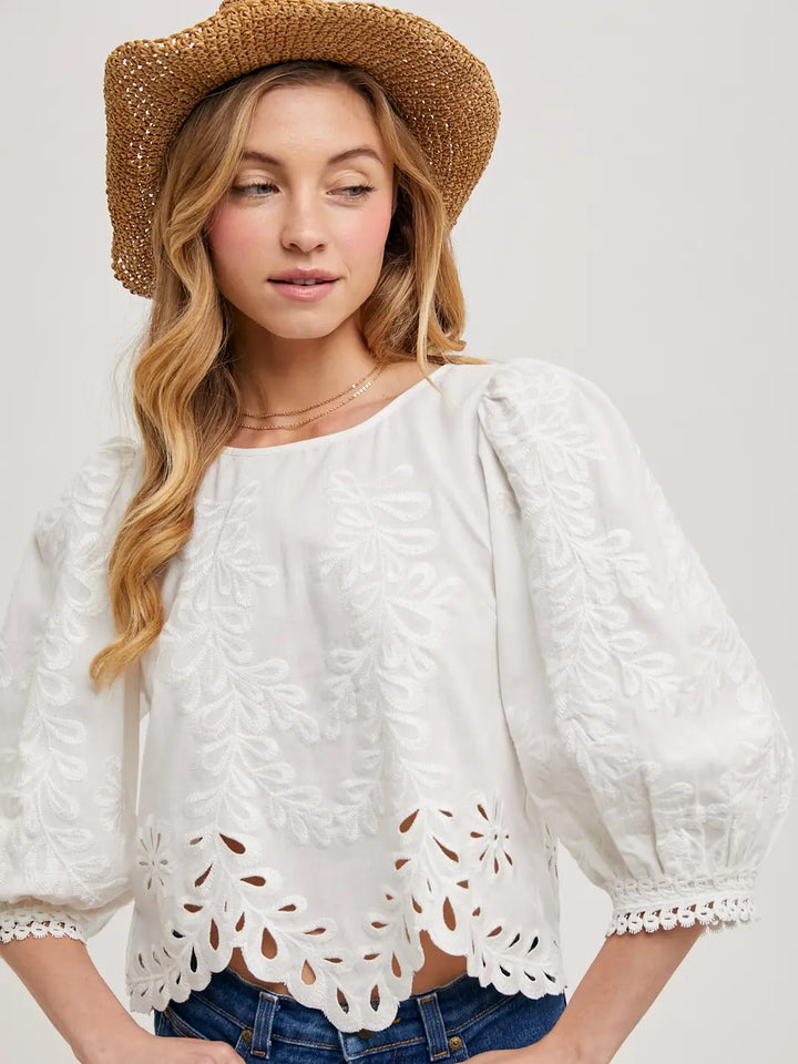 Lace Cutout Bubble Sleeved Top