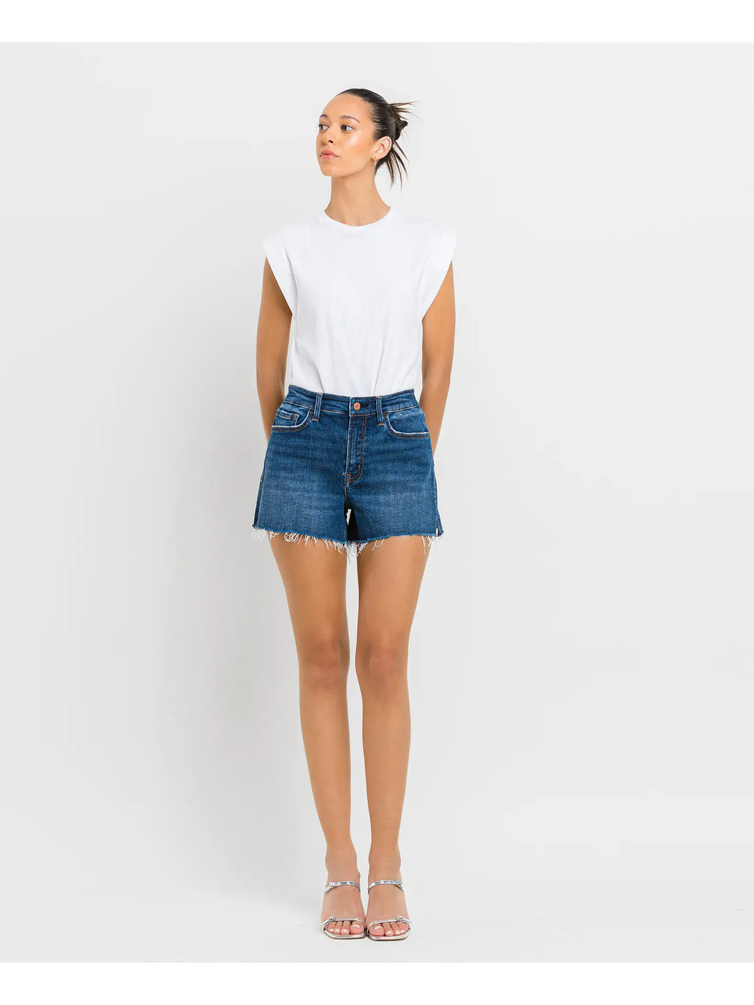 High Rise Slit Raw Hem A-Line Shorts