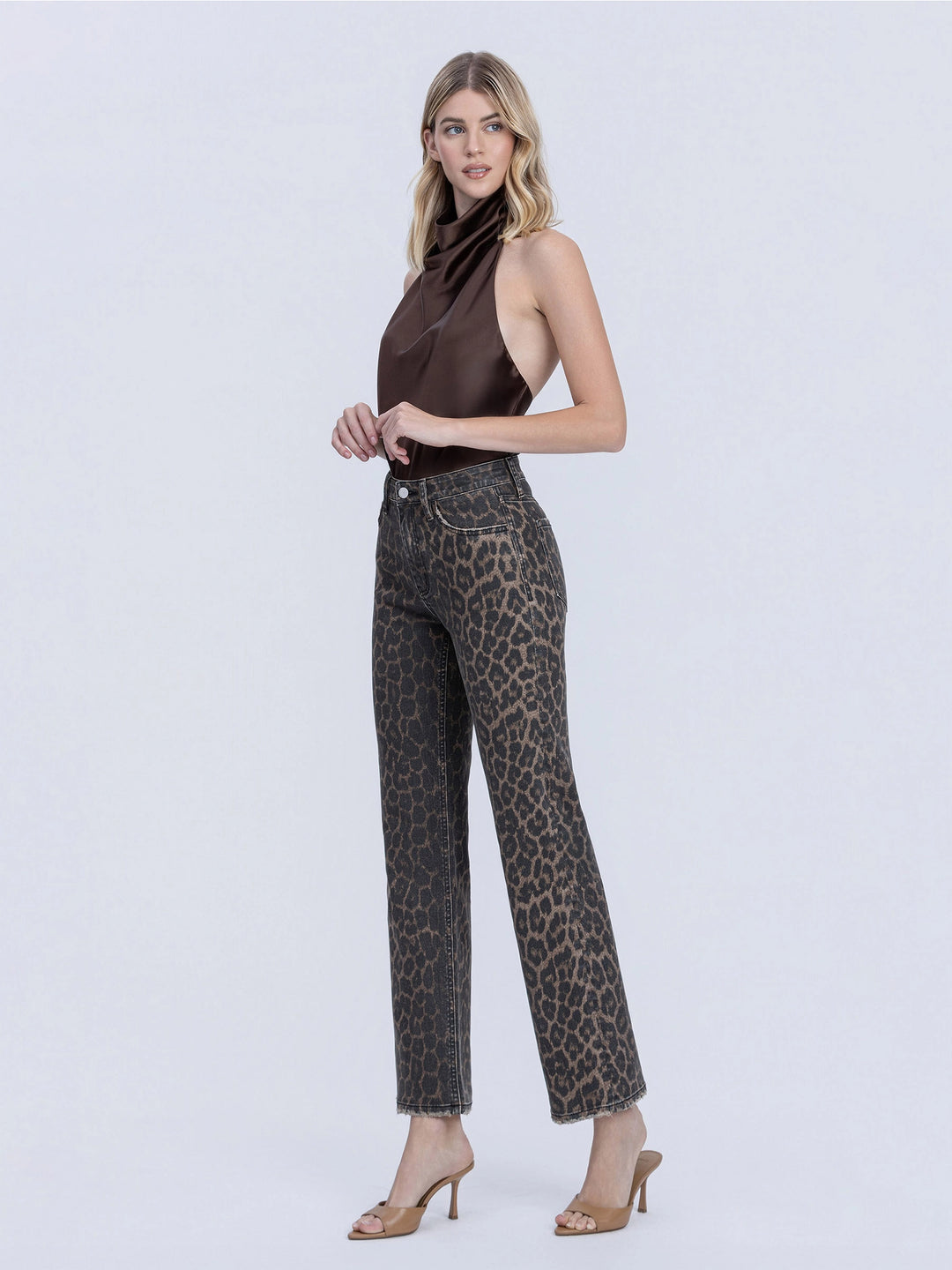 High Rise Leopard Print Slim Wide Jeans