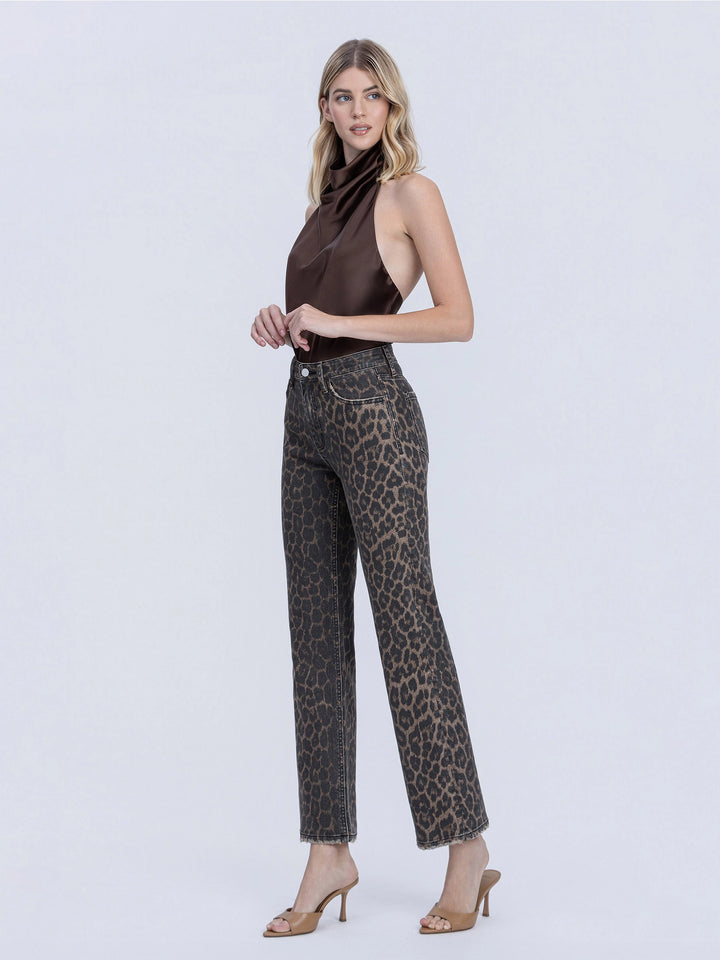 High Rise Leopard Print Slim Wide Jeans