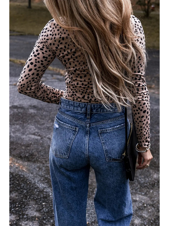 Leopard Print Long Sleeve Scoop Neck Slim Fit Bodysuit