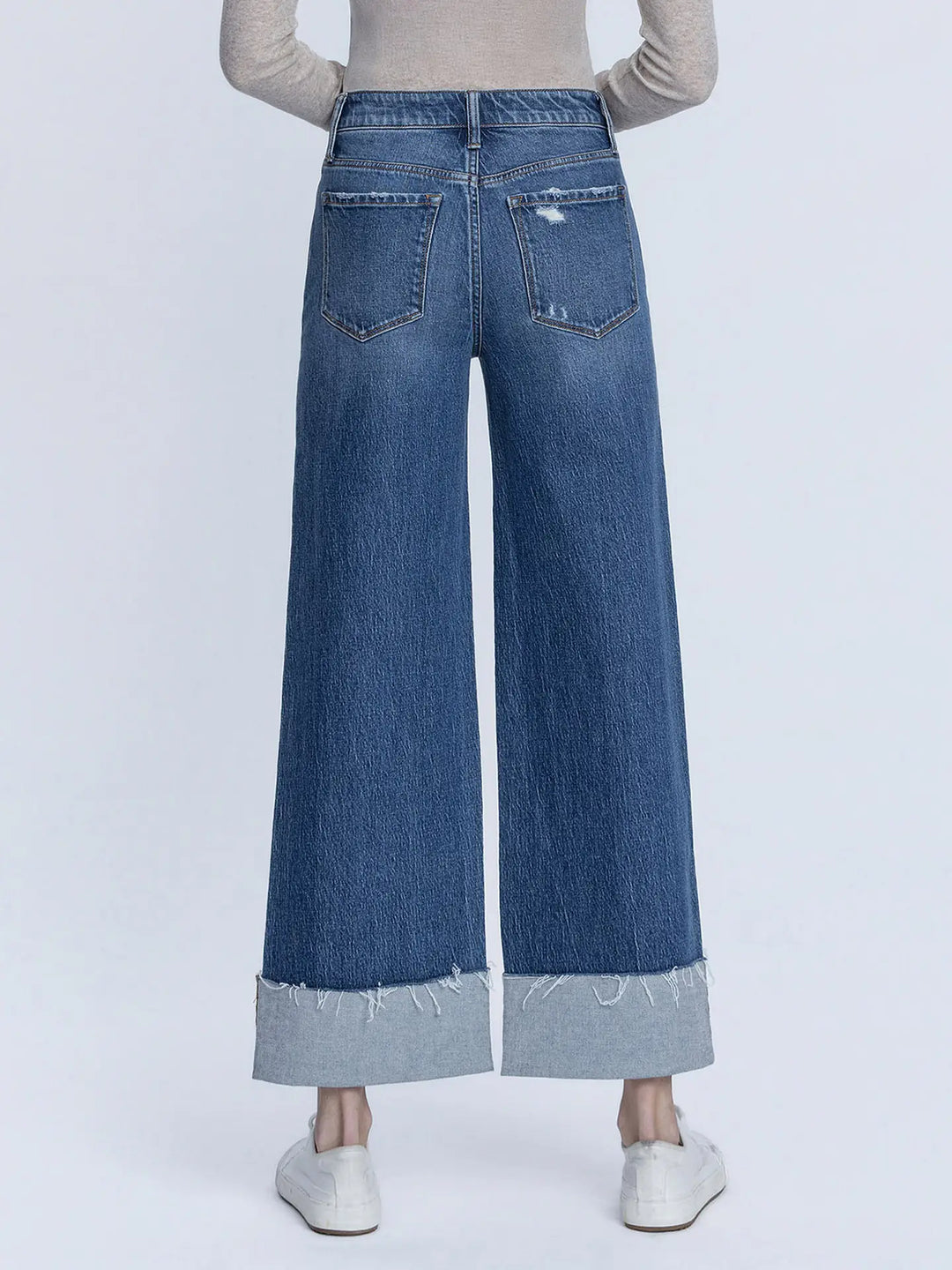 High Rise Medium Dark Wash Cuffed Ankle Wide Jeans