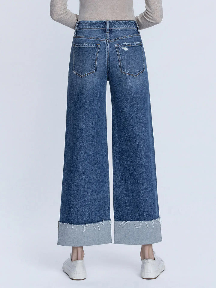 High Rise Medium Dark Wash Cuffed Ankle Wide Jeans