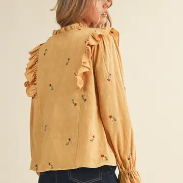 Ruffled Smocked Yoke Embroidered Blouse