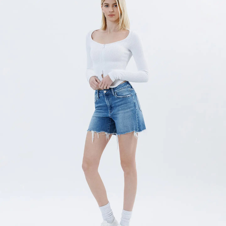 High Rise Raw Hem Boyfriend Shorts