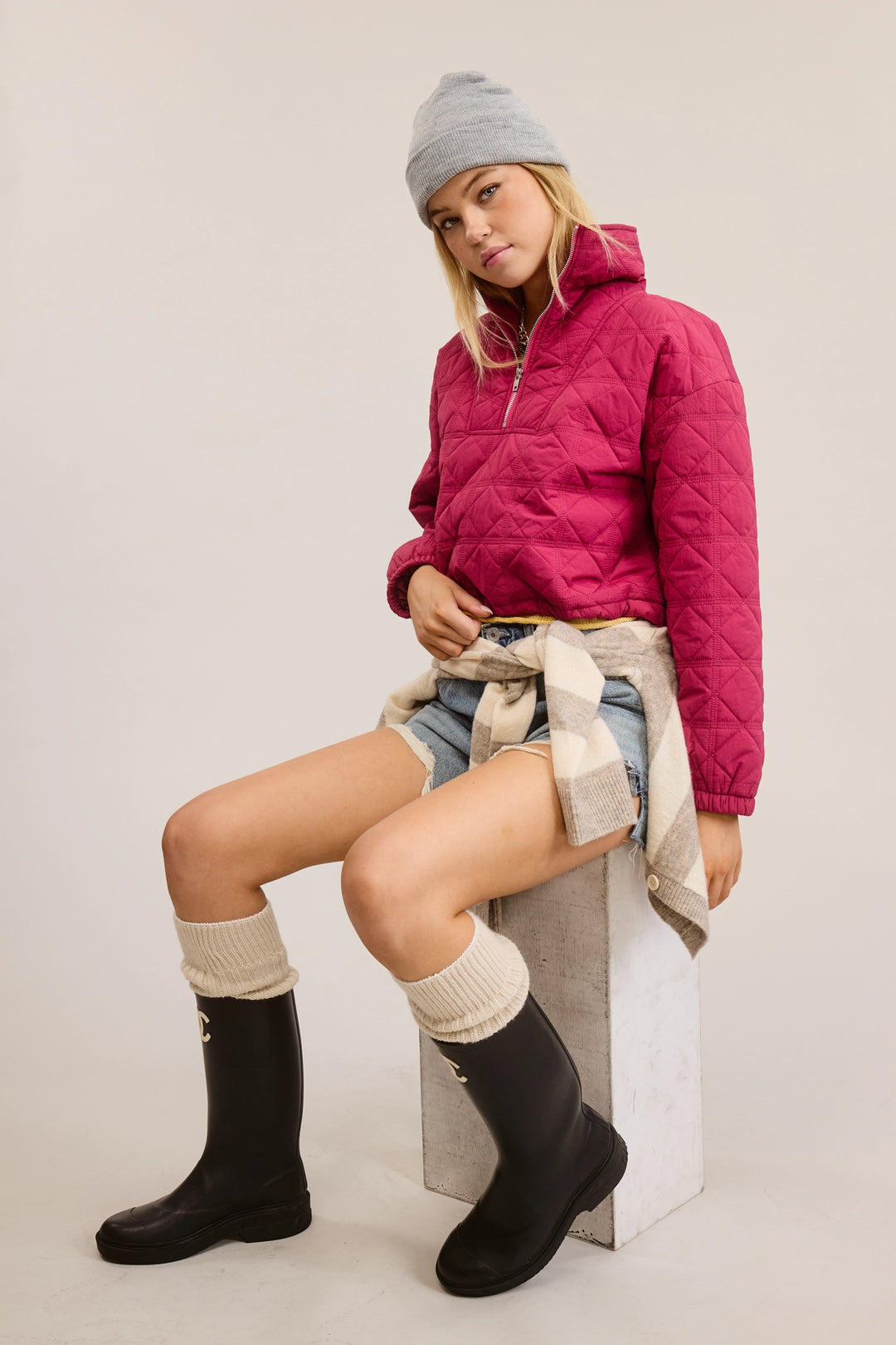 Quilted Puffer Sweater with Collared Zipper-Pink