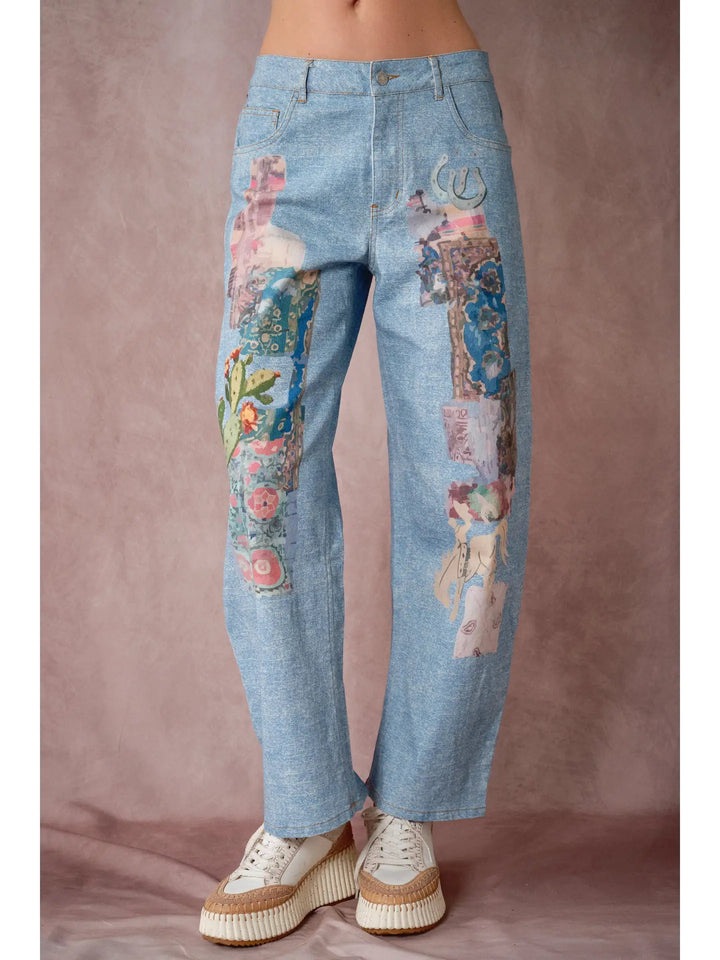 Vintage Art Collage Print Denim Pants