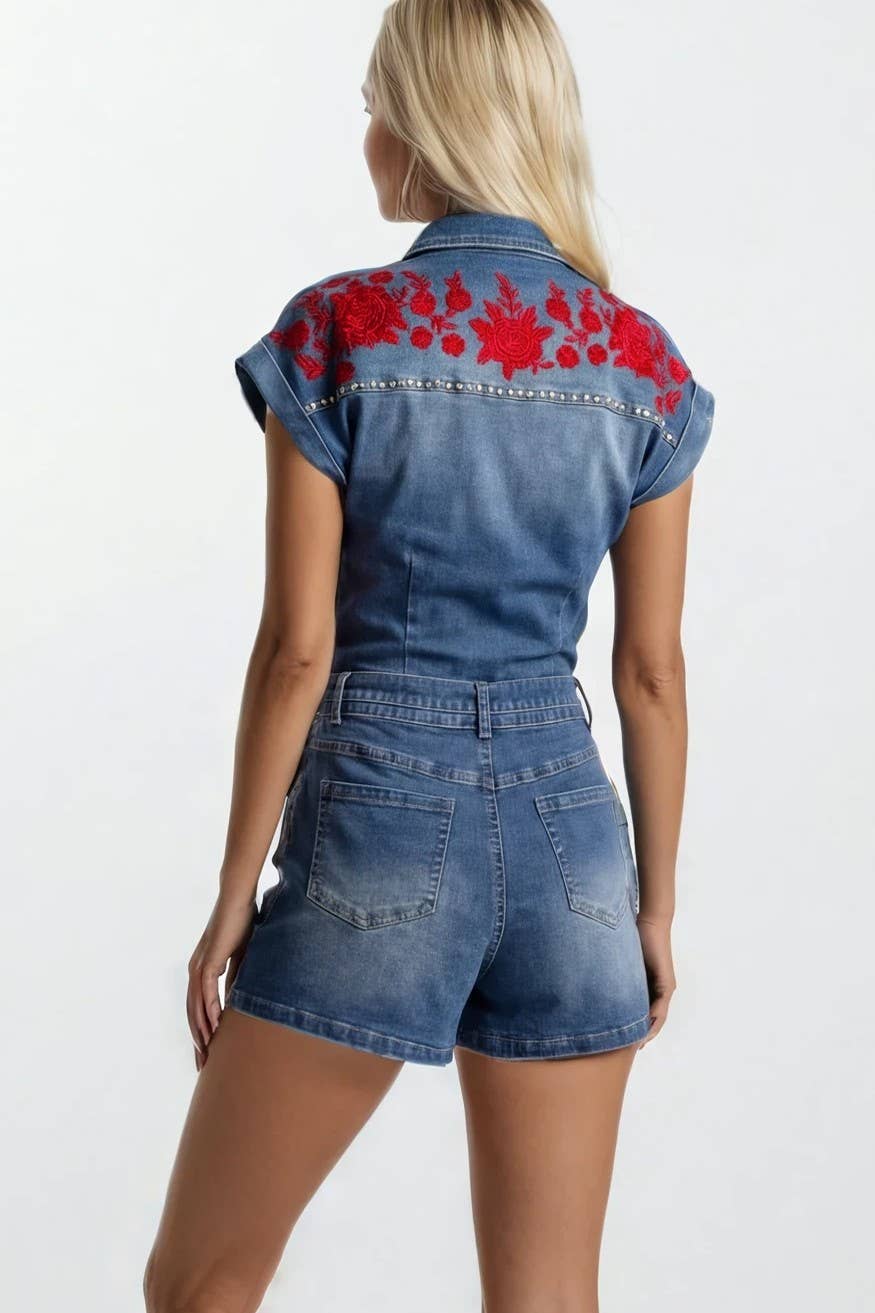 Embroidered Rose Denim Romper