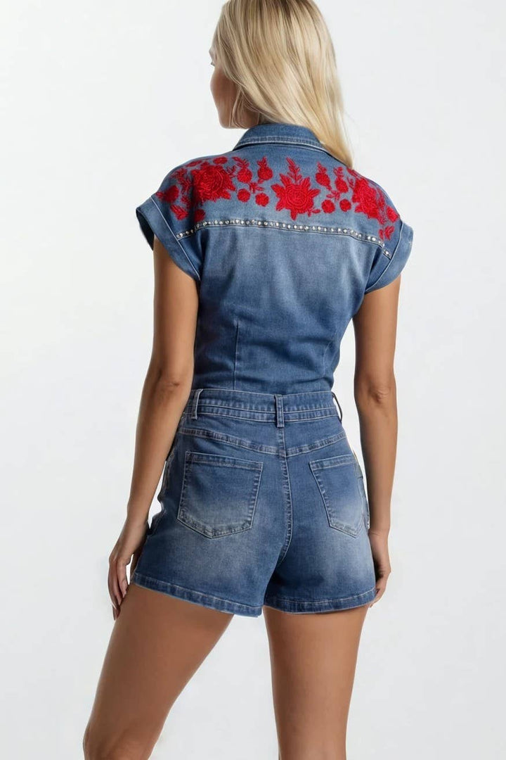 Embroidered Rose Denim Romper