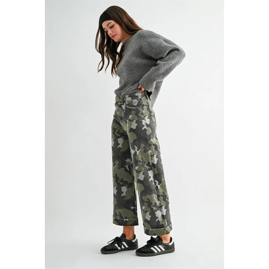 High-Rise Wide Leg Crop Camouflage Cuffed Hem
