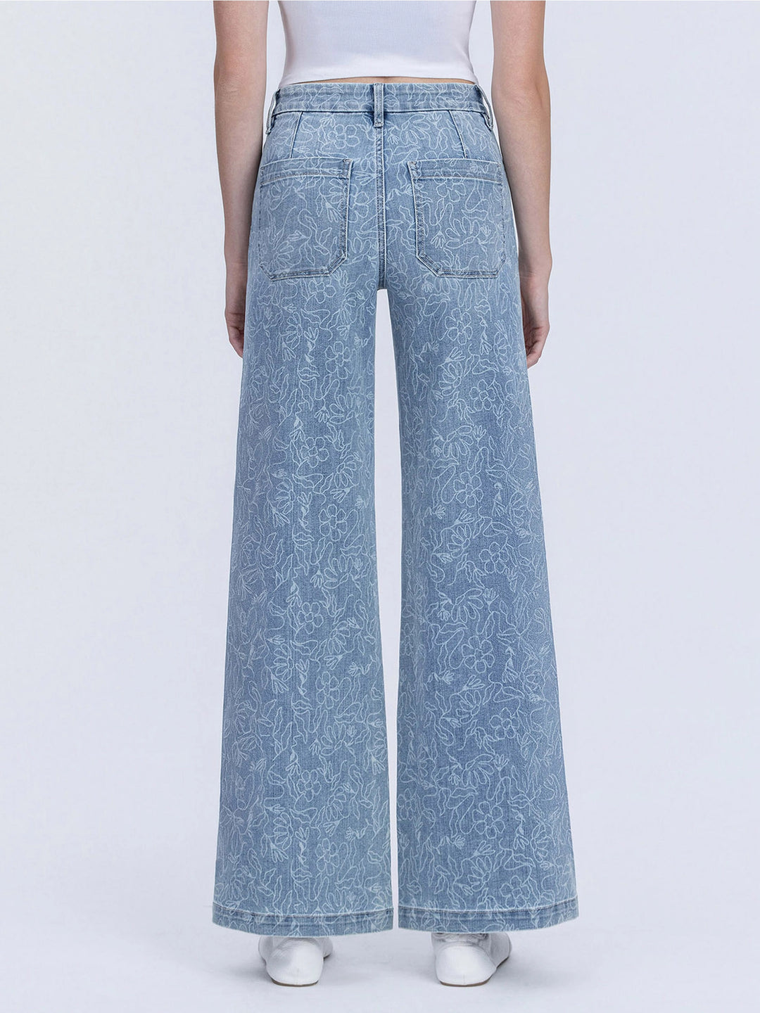 High Rise Medium Light Floral Print Wide Leg Jeans