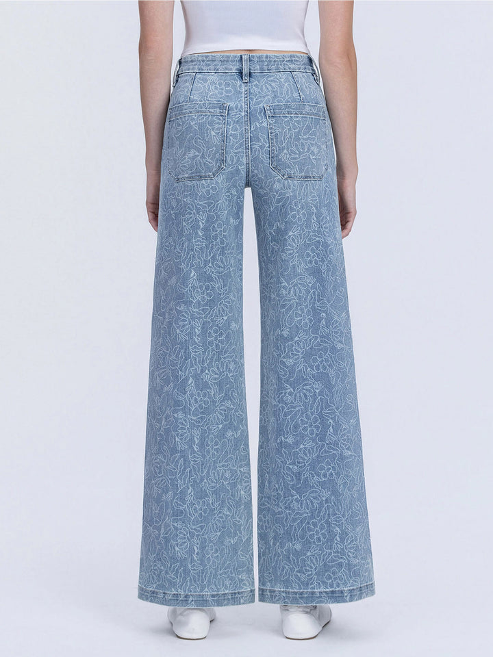 High Rise Medium Light Floral Print Wide Leg Jeans