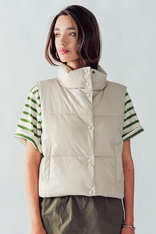 Cream Faux Leather Puffer Vest