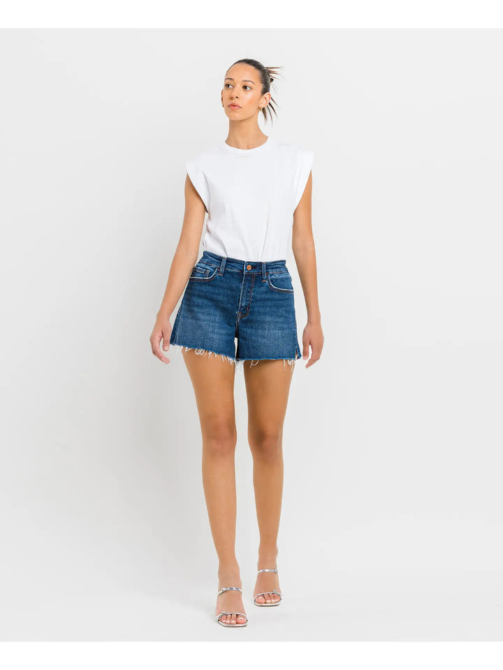 High Rise Slit Raw Hem A-Line Shorts