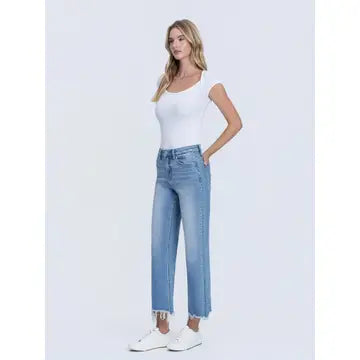 High Rise Distressed Hem Crop Slim Wide Jeans