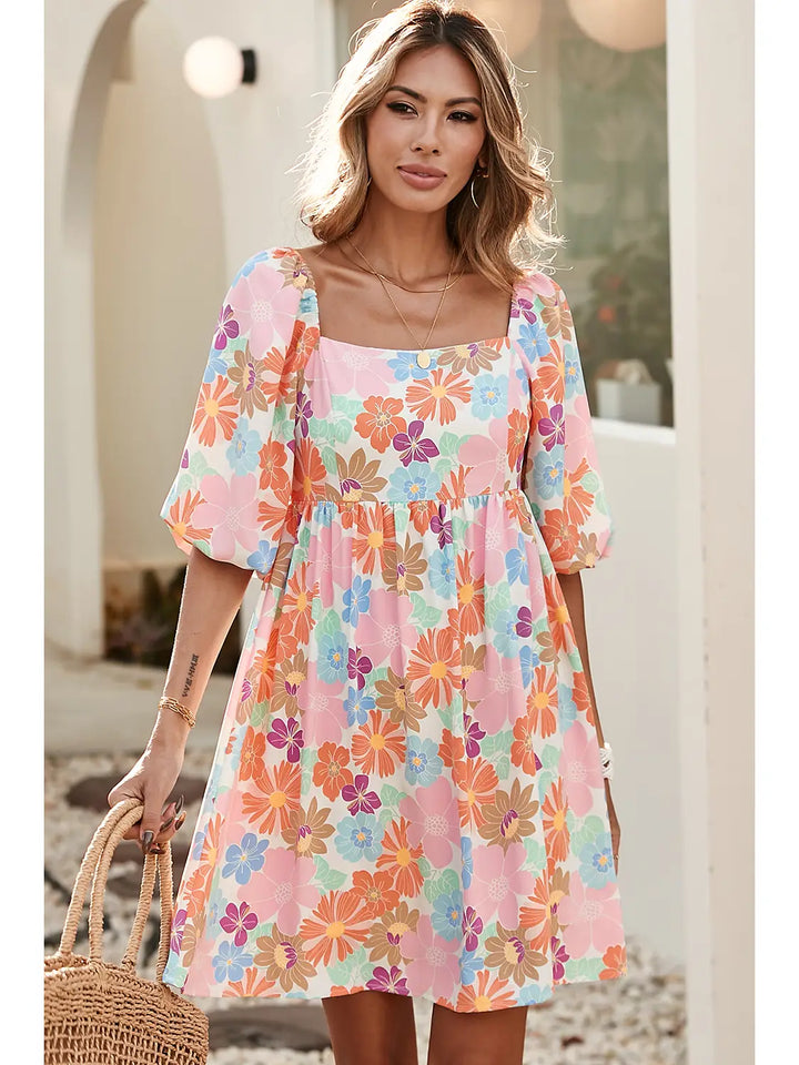 Pink Summer Floral Square Neck Puff Sleeve Babydoll Dress