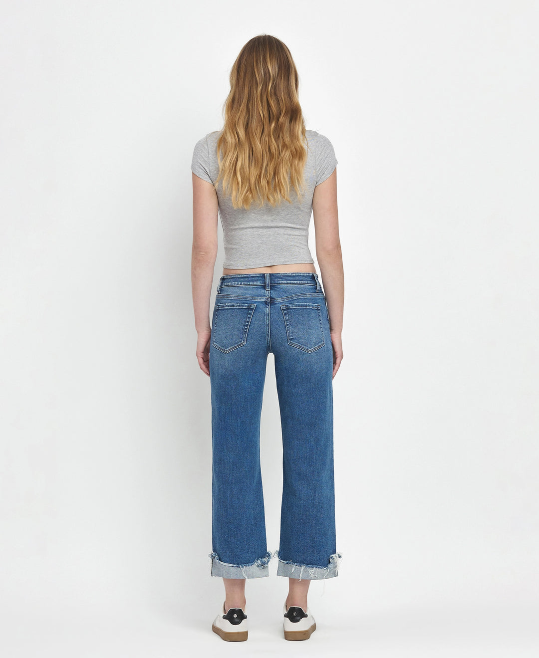 Mid Rise Raw Cuffed Hem Slim Wide Jeans