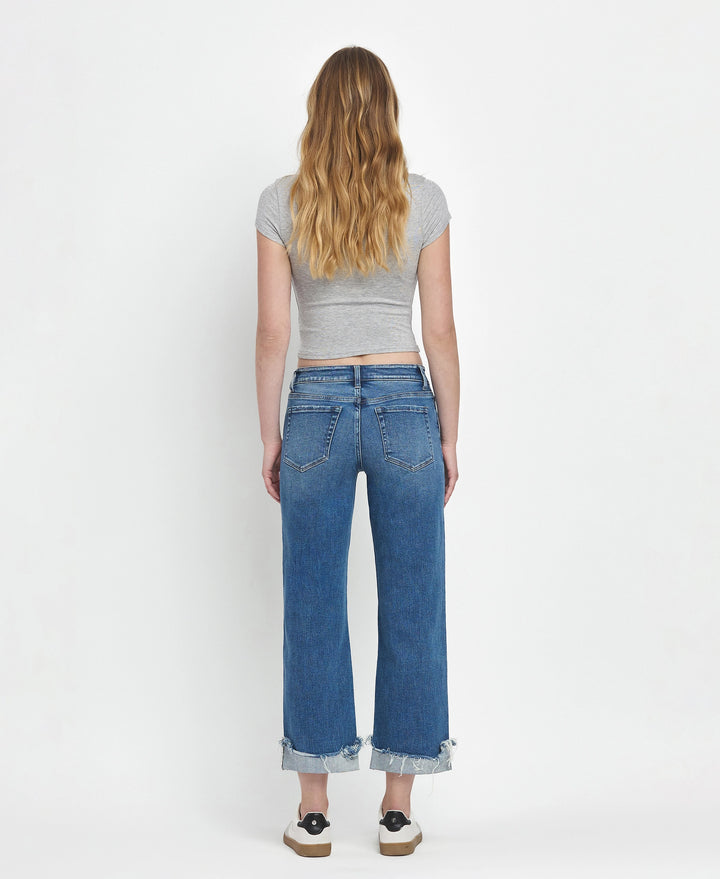 Mid Rise Raw Cuffed Hem Slim Wide Jeans
