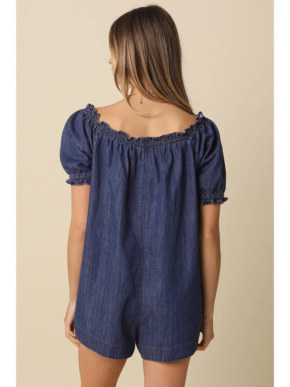 Nadia Denim Puff-Sleeve Romper