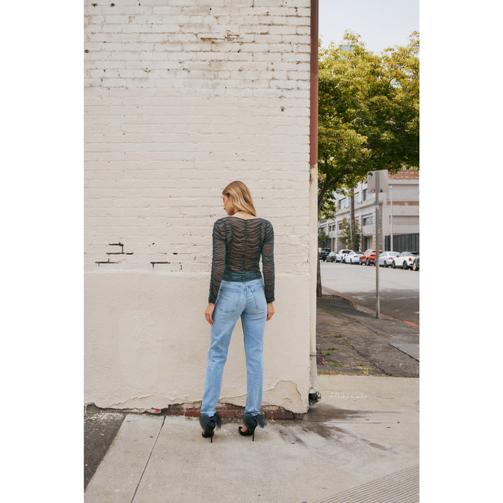 Rhinestoned Sheer Mesh Top with Ruching Details