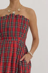 Pleated Strapless Plaid Dress