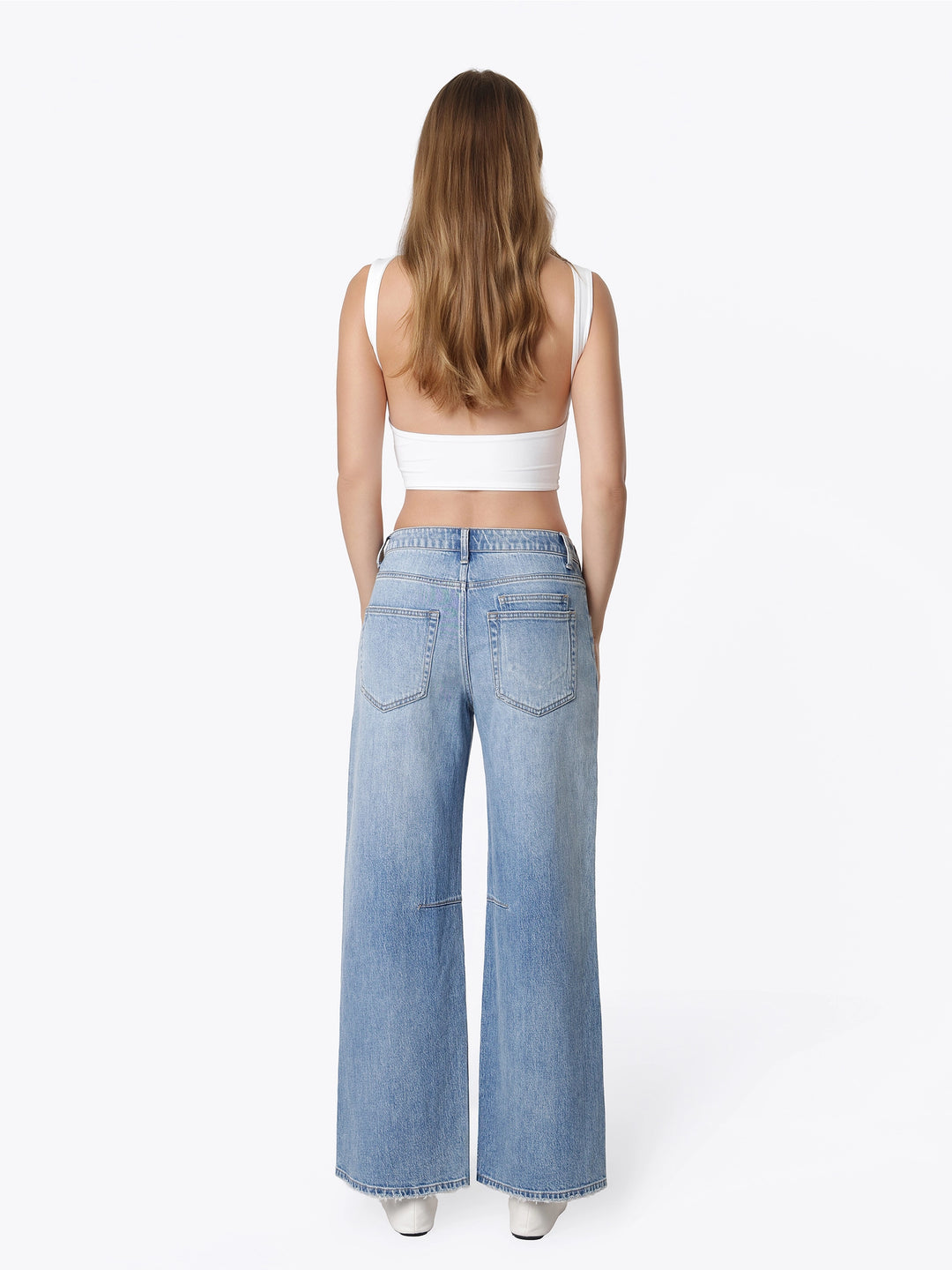 High Rise Patchwork Detail Waist Tie Wide Jeans