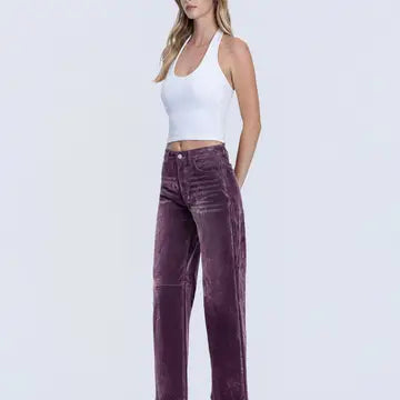 High Rise Velvet Flocked Purple Barrel Leg Jeans