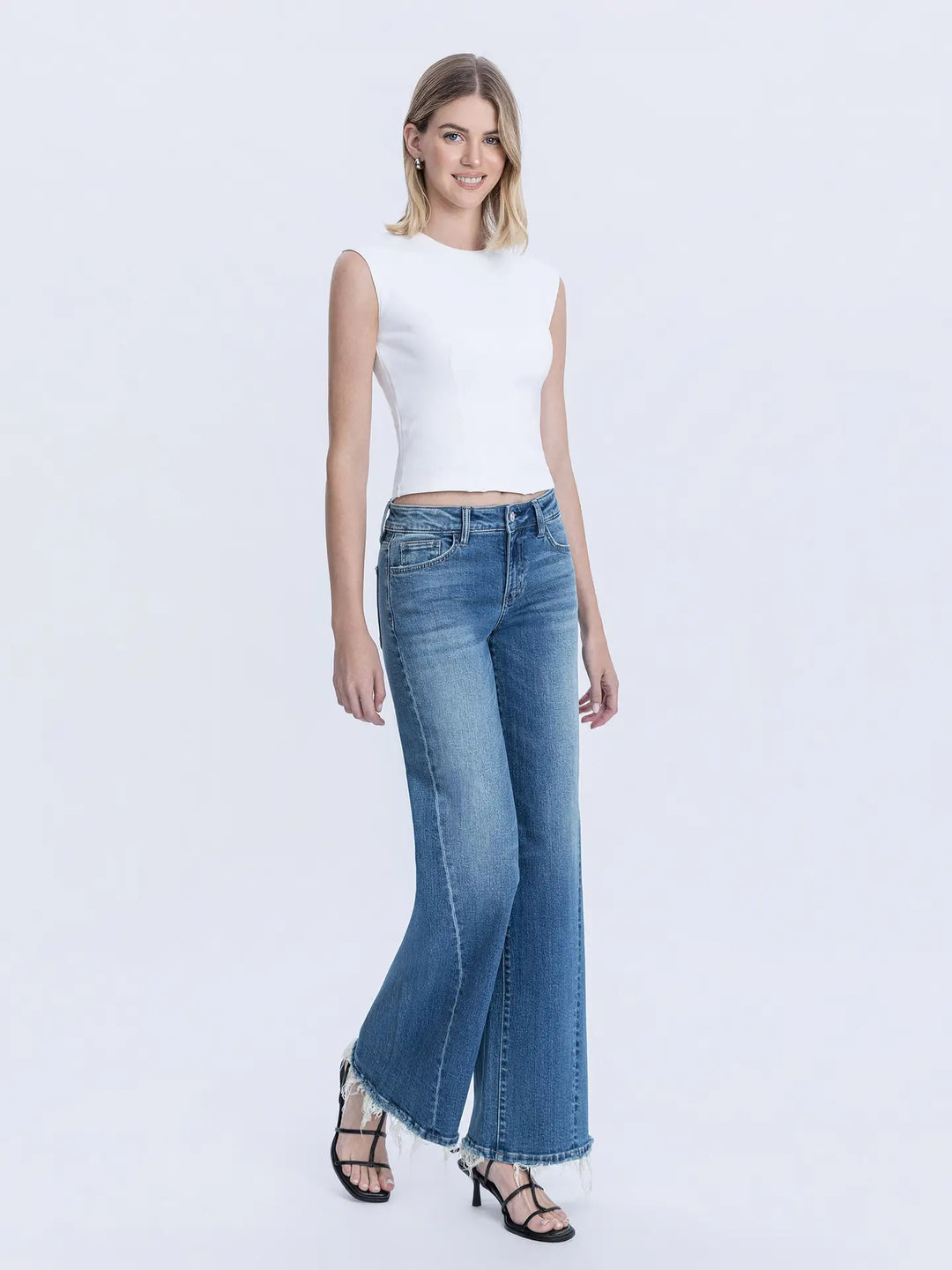 MID RISE MEDIUM DARK TWIST LEG WIDE JEANS