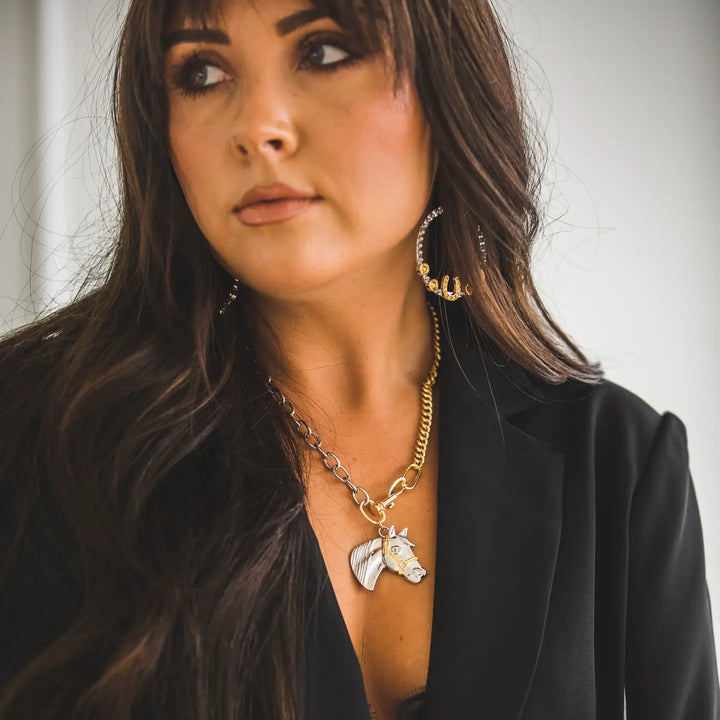 18" 18K Two Toned Plated Chain Necklace with Horse Pendant