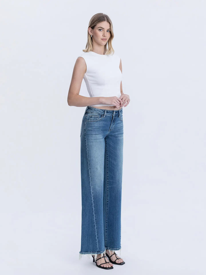 MID RISE MEDIUM DARK TWIST LEG WIDE JEANS
