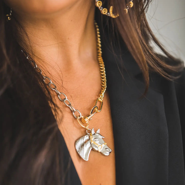 18" 18K Two Toned Plated Chain Necklace with Horse Pendant