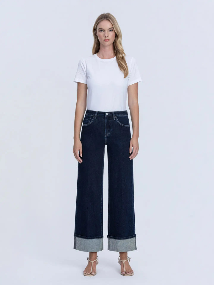 Dark Wash Trouser Fold Cuffed Wide Leg Jeans