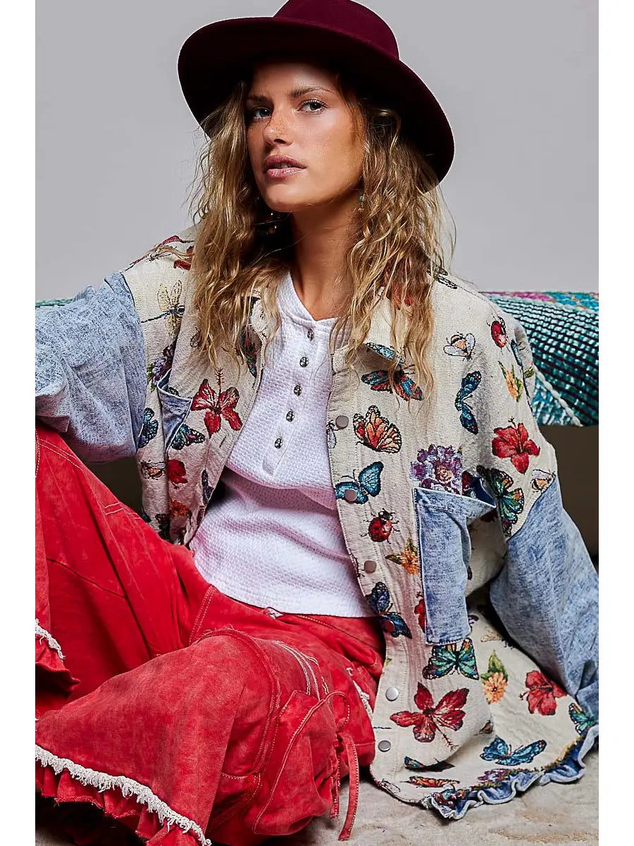 Oversized Butterfly Floral Tapestry Patch Pocket Jacket