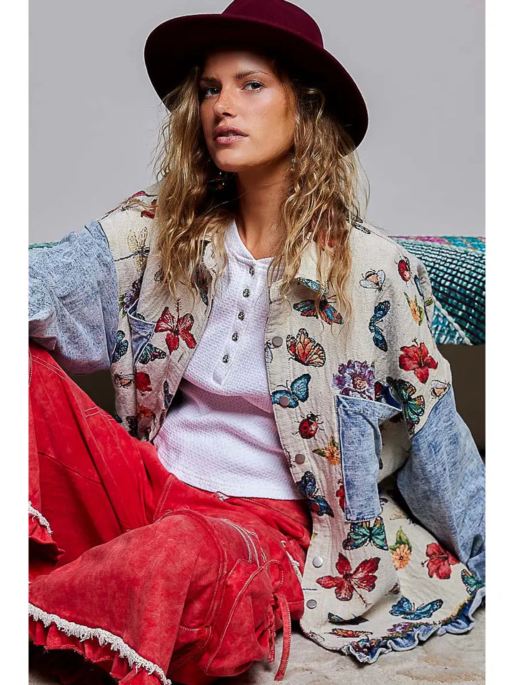 Oversized Butterfly Floral Tapestry Patch Pocket Jacket
