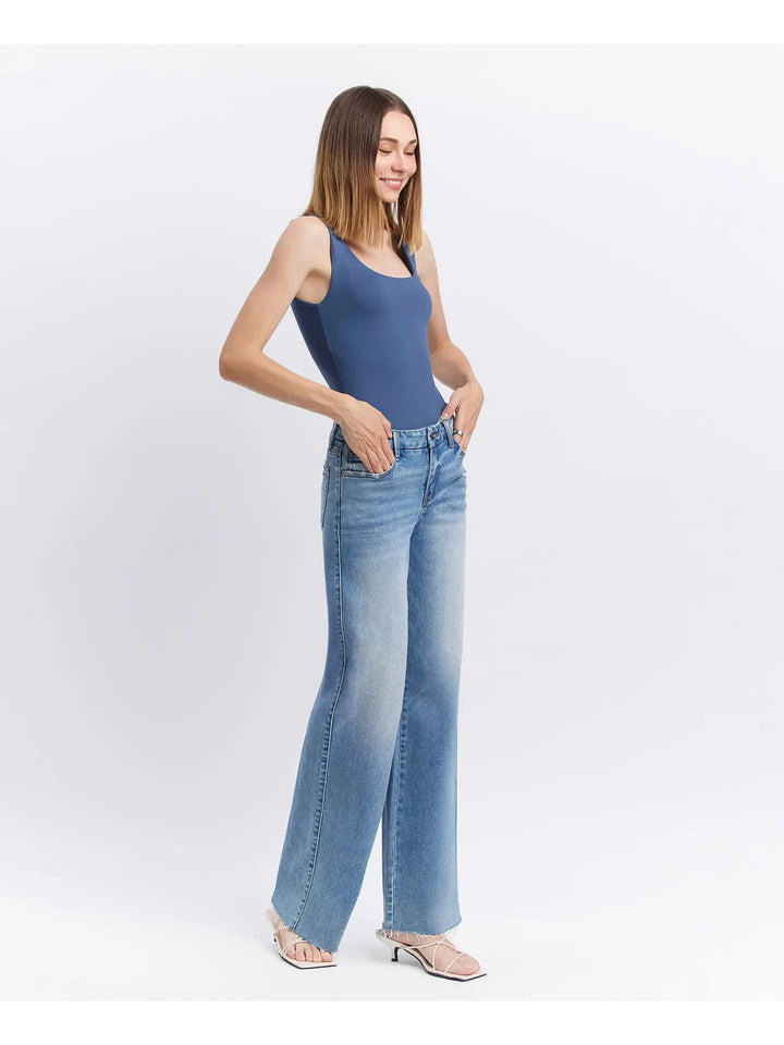 Mid Rise Clean Cut Raw Hem Wide Jeans