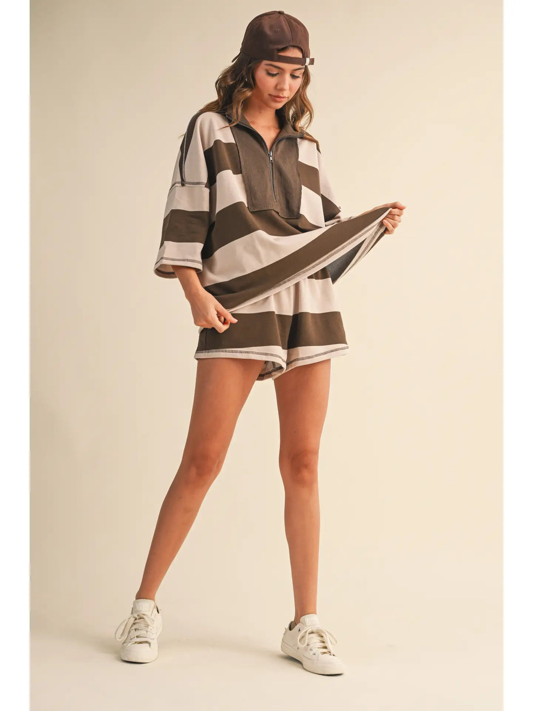 Striped Zip Up Oversized Top and Shorts Set