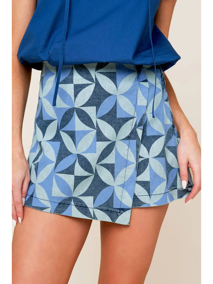 Printed Denim Skort