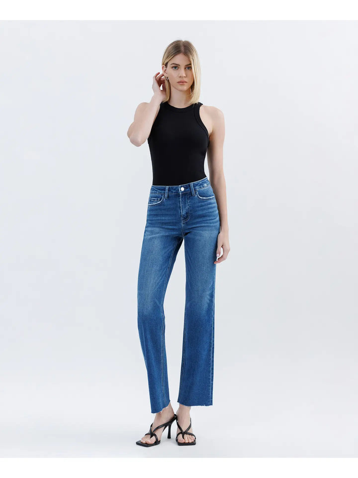 High Rise Clean Cut Raw Hem Straight Jeans