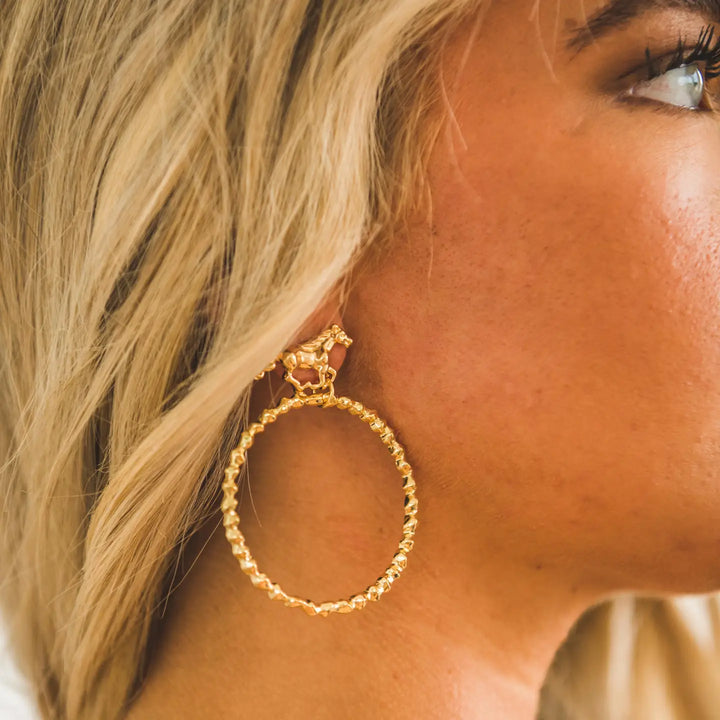 2.5" 18K Gold Plated Dangle Hoop Earrings On Buckin Horse