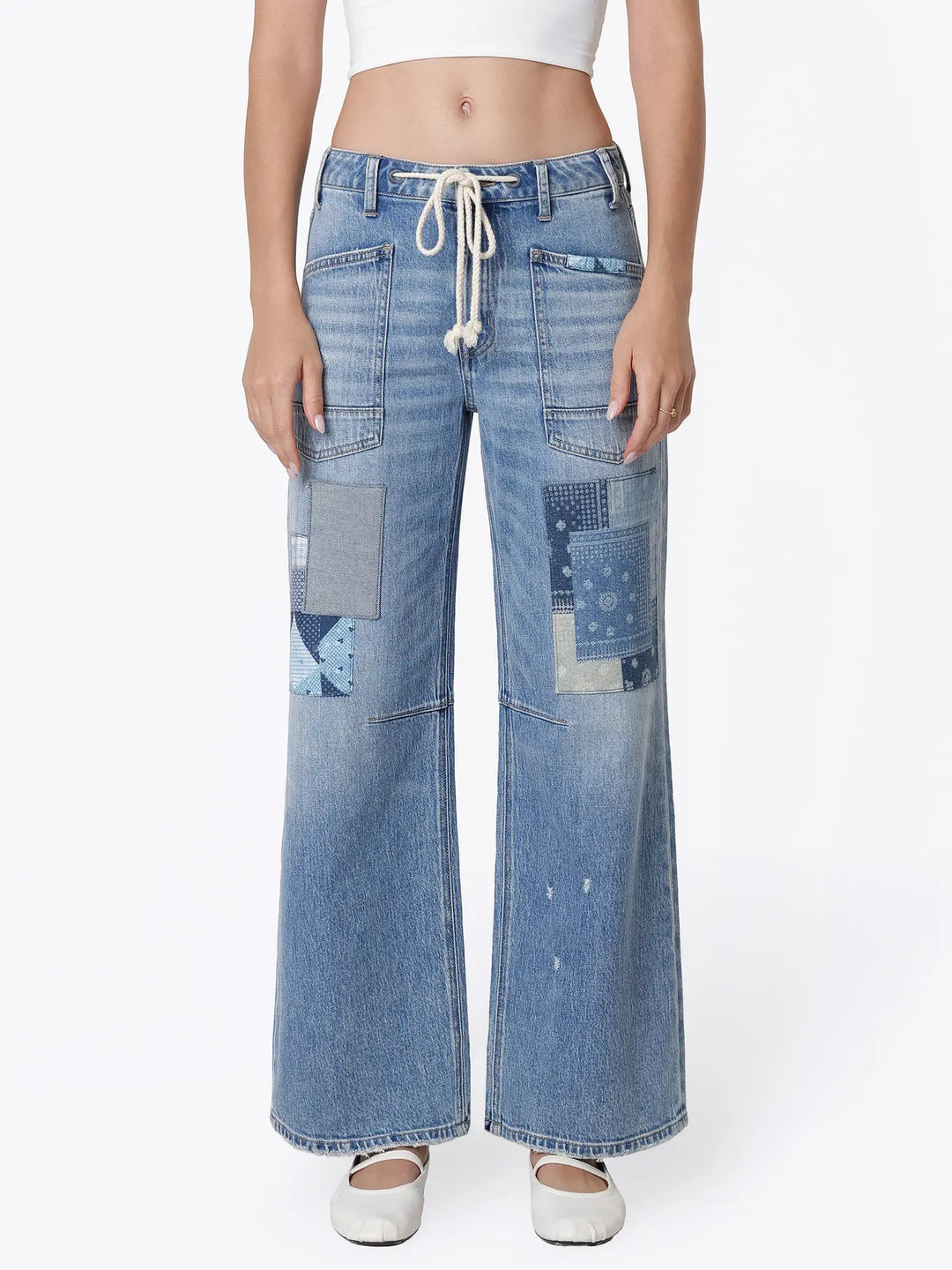 High Rise Patchwork Detail Waist Tie Wide Jeans