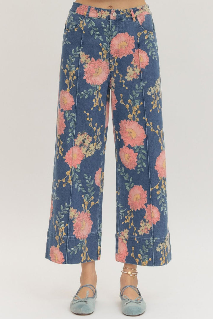 Floral Wide Leg Denim Pants