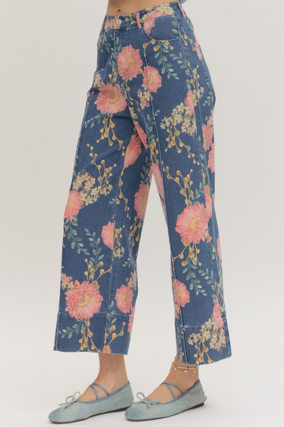 Floral Wide Leg Denim Pants