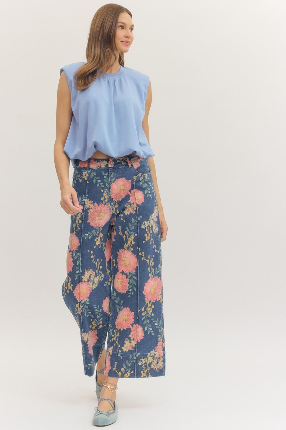 Floral Wide Leg Denim Pants