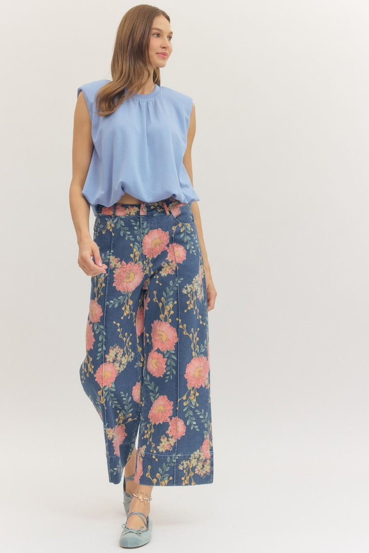 Floral Wide Leg Denim Pants