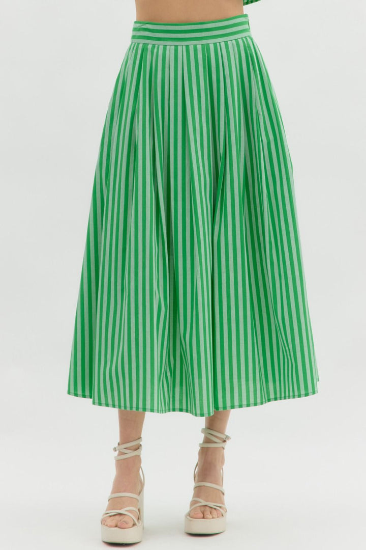 Striped Pleated Midi Skirt