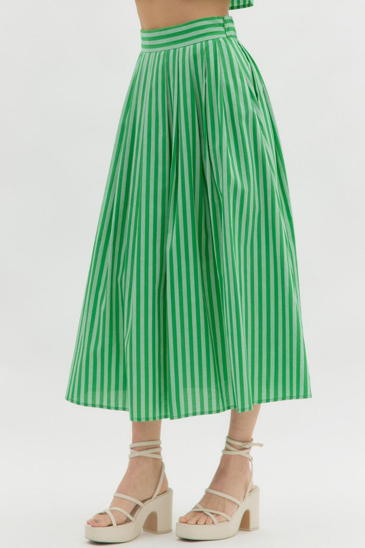 Striped Pleated Midi Skirt